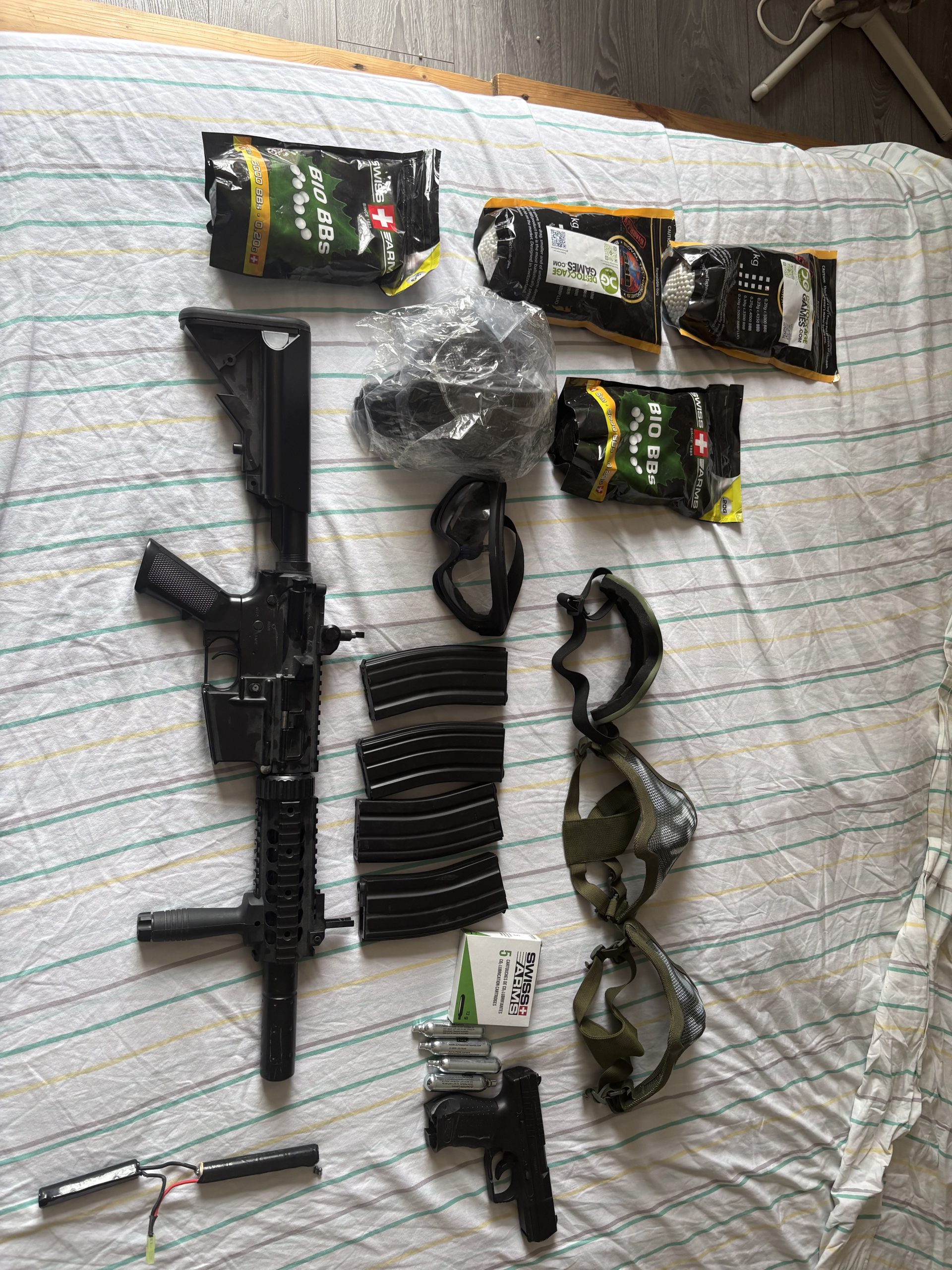 Titre : Pack Airsoft complet — M4 + Walther P99 CO2 + 28 000 billes + Lots de protections & gaz