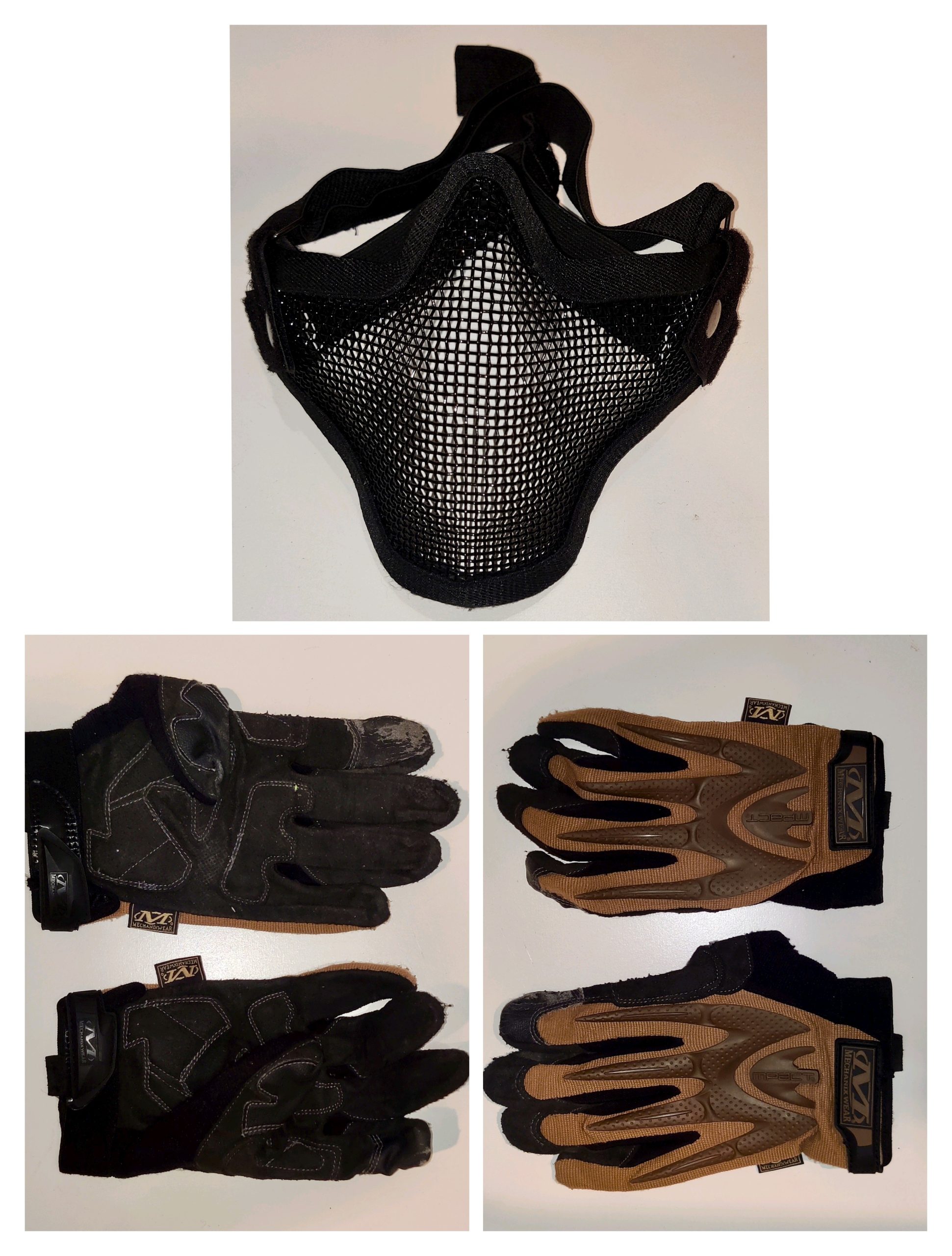 Lot équipement airsoft Coyote/Tan – gilet tactique + holster de cuisse + Mechanix + masque