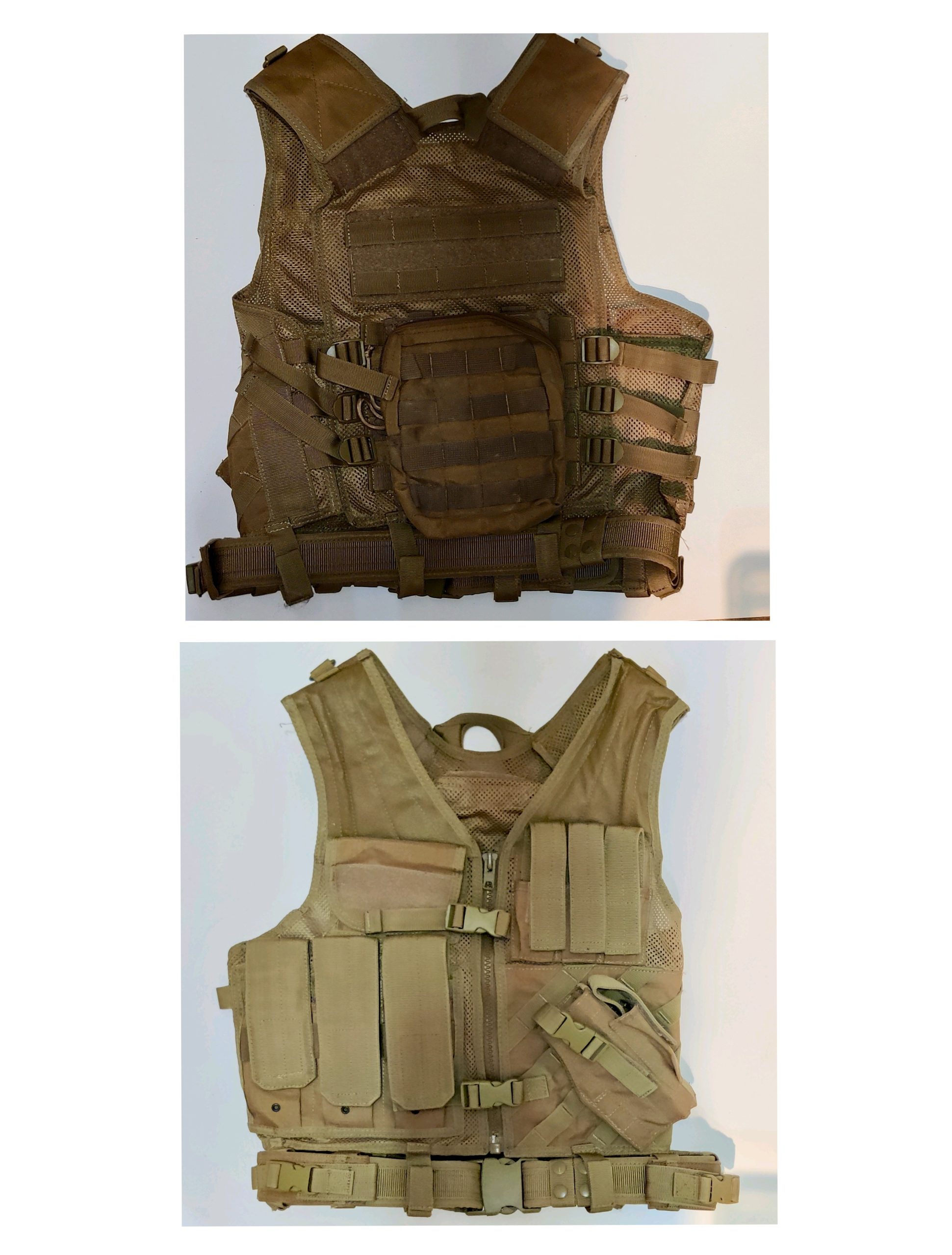 Lot équipement airsoft Coyote/Tan – gilet tactique + holster de cuisse + Mechanix + masque