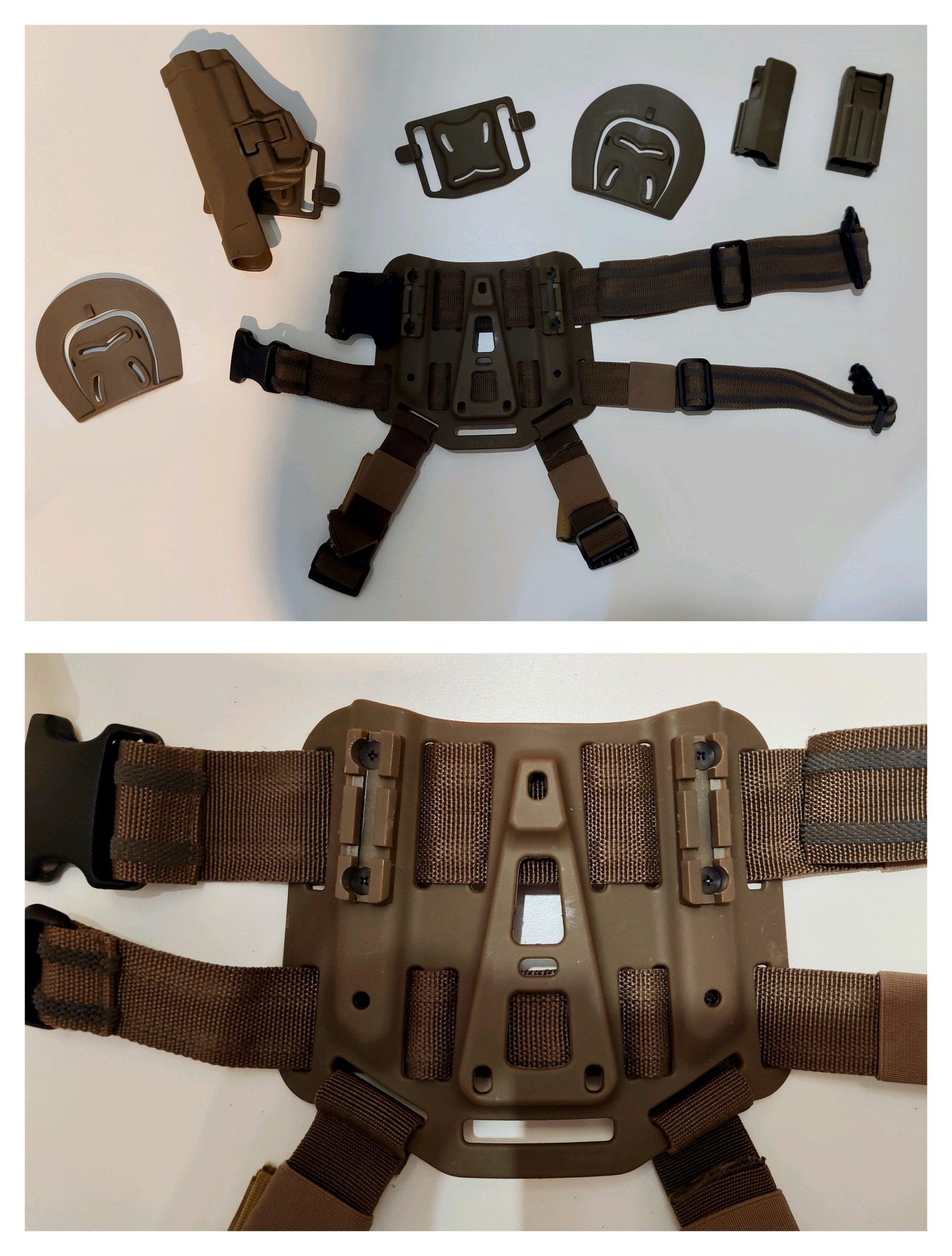 Lot équipement airsoft Coyote/Tan – gilet tactique + holster de cuisse + Mechanix + masque